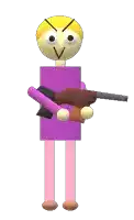 a cartoon character with a purple shirt and pink legs holds a gun