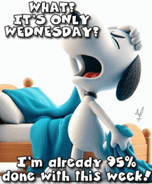 a cartoon of snoopy yawning with the caption what ? it 's only wednesday
