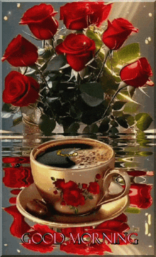 a cup of coffee sits on a saucer next to a vase of red roses and the words good morning