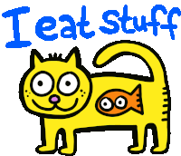 a cartoon cat with a fish in its mouth and the words " i eat stuff " above it