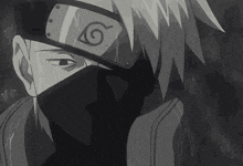 a black and white drawing of a naruto character wearing a mask and a headband .