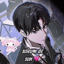 a man in a suit and tie with the words soleum de sun written on it