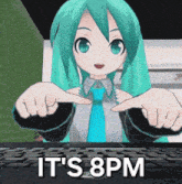 a cartoon girl is pointing at a keyboard with the words it 's 8pm