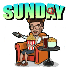 a cartoon of a man sitting in a chair holding a remote control eating popcorn and drinking beer