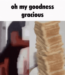 a man is standing next to a stack of toast and a stack of toast is being stacked .