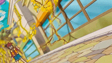 a cartoon of a boy walking down a sidewalk in front of a building .