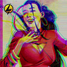 a colorful painting of a woman with a yellow arrow pointing at her