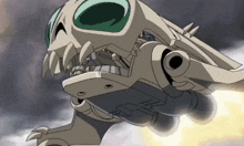 a cartoon drawing of a skull flying through the air with its mouth open