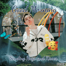 a picture of a man blowing soap bubbles with the words good morning sending hugs and kisses on it