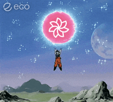 a cartoon character is flying through the air holding a pink flower