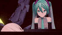 a hatsune miku anime character is sitting at a table