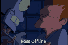a cartoon of a robot with the words " ross offline " on the bottom