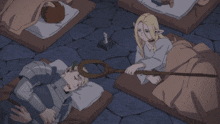 a cartoon of a woman holding a stick next to a man laying in bed