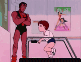a man stands next to a girl on a treadmill with a poster on the wall that says ' a ' on it