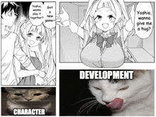 a cat is licking its nose next to a drawing of a girl and the words character development