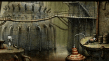 a drawing of a robot standing next to a barrel with a plus sign on it