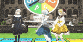 three anime girls are dancing in front of a colorful clock that says ' 5 ' on it