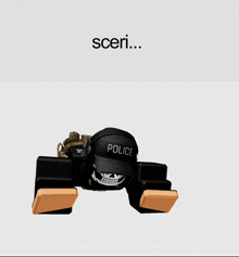 a soldier laying down with a shield that says police