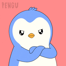 a penguin with its arms crossed is on a pink background with the word pengu above it