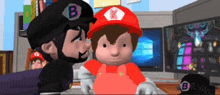 a cartoon character with the letter b on his hat is kissing another cartoon character