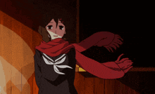 a girl wearing a red scarf is standing in front of a window