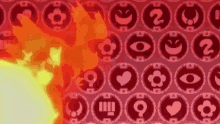 a red background with a pattern of circles with hearts and eyes on them .