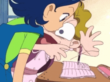 a cartoon drawing of a girl writing on a notebook