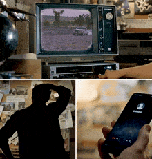 a person holding a cell phone with unknown written on the screen