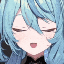 a close up of a blue haired anime girl with her eyes closed and her mouth open