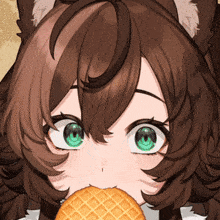 a girl with brown hair and green eyes is holding a waffle in her mouth