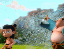 a boy and a man are standing in front of a pile of plastic bottles