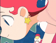 a close up of a cartoon character with a yellow star earring