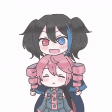 a drawing of a girl with red and blue eyes and a girl with pink hair