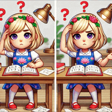 a little girl is sitting at a desk with a book and a question mark on her head