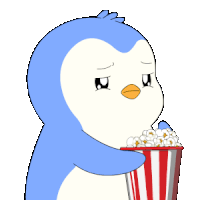 a penguin is holding a bucket of popcorn