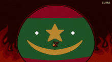 a drawing of a green ball with a star on it 's face
