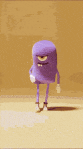 a purple monster is walking on a sandy surface with the words `` happy monday '' .