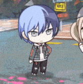 a boy with blue hair is standing next to a girl in front of a sign that says lock .