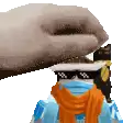 a person wearing sunglasses and a mask is being touched by another person 's hand .