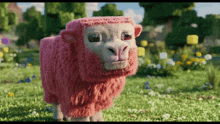 a pink sheep with red eyes is standing in a field