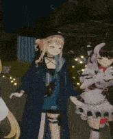a girl in a blue coat has the letter l on her chest