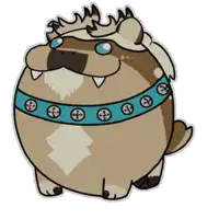 a cartoon drawing of a dog with a blue collar and a crown on its head