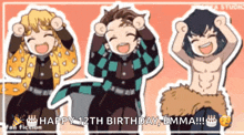 three anime characters are celebrating emma 's 12th birthday with their hands in the air