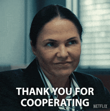 a woman says thank you for cooperating in a netflix ad
