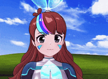 a cartoon character with a blue and pink stripe on her hair
