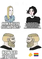 a drawing of a man and a woman with the words how are you feeling suzy
