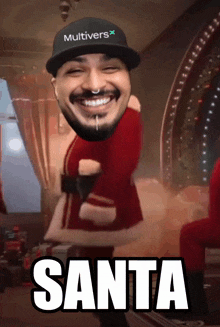 a man in a santa costume is wearing a multiversx hat