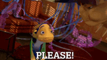 a cartoon fish is saying please in front of a jellyfish