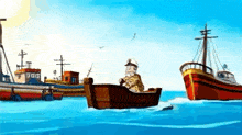 a cartoon of a man in a boat fishing in the ocean .