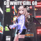 a girl with horns and wings is holding a microphone and the words go white girl go are above her